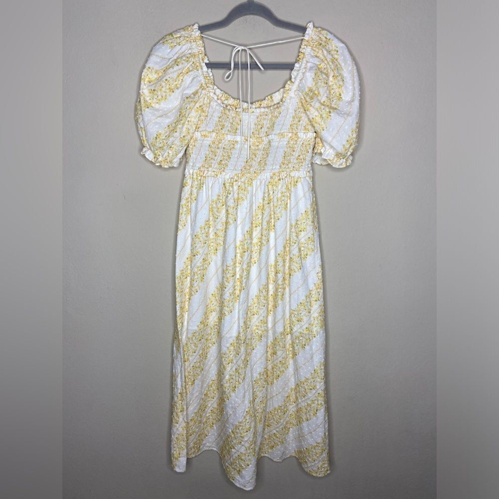 For Love & Lemons Lucie Midi Yellow White Dress Smocked Size S - Picture 8 of 8